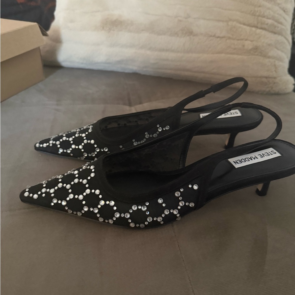 Steve Madden Black Rhinestone Pointed Slingback Heels-10